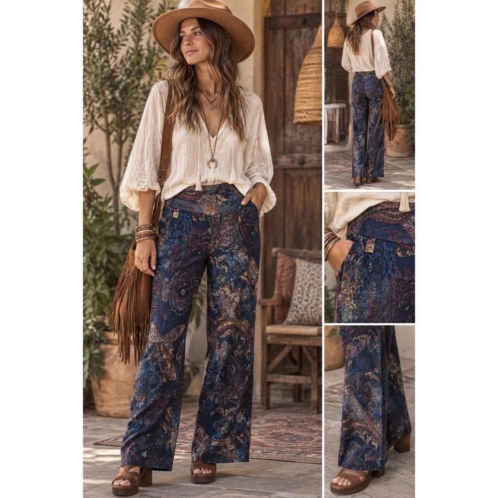 Joseph Ribkoff Paisley Flare Pants Women Size 8 Blue Y2K Boho Whimsigoth Romance